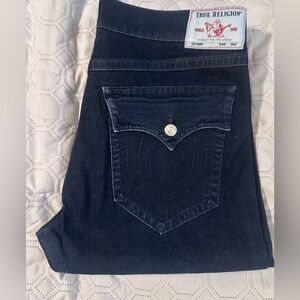 True Religion Men's Relaxed Jeans in Dark Indigo with Red Stitching Accents